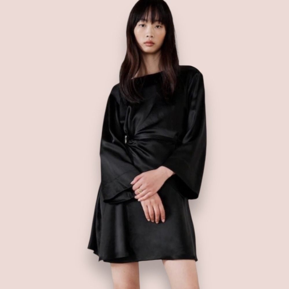 BANANA REPUBLIC Black Treccia Hammered Satin Long Sleeve Dress Medium |‎ EUC